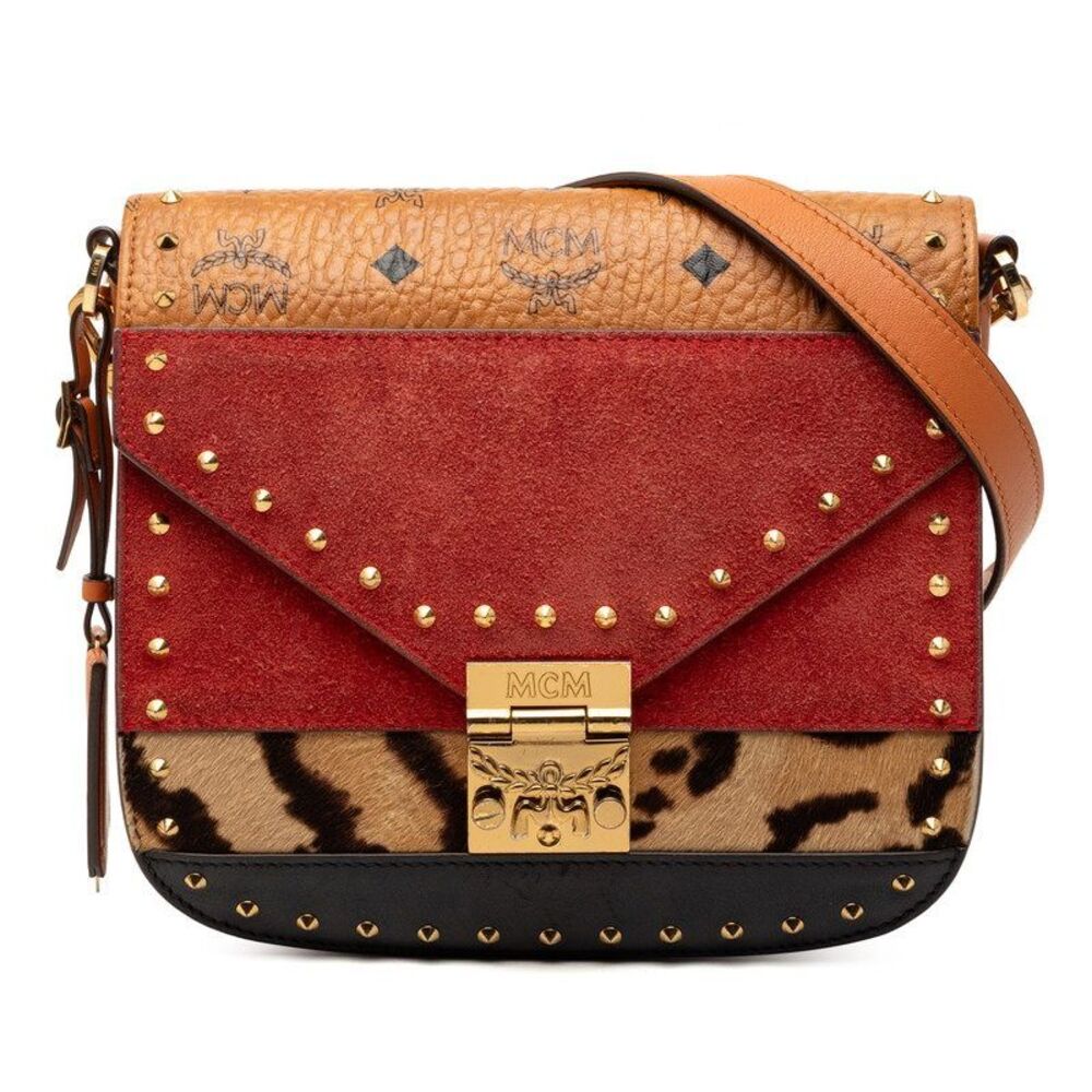 MCM Visetos Monogram Leopard Studs Leather Suede Calf Hair Shoulder Bag